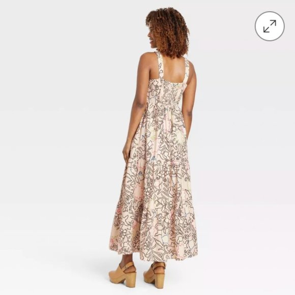 Knox Rose LARGE Tan Floral Square Neck Midi Maxi Dress - Picture 5 of 11